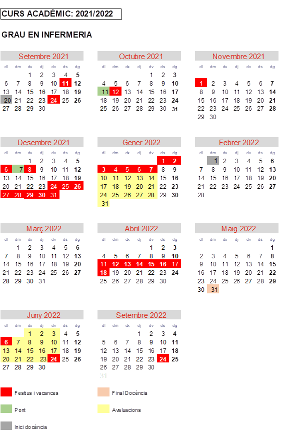 Calendari acadèmic Campus Docent Sant Joan de Déu